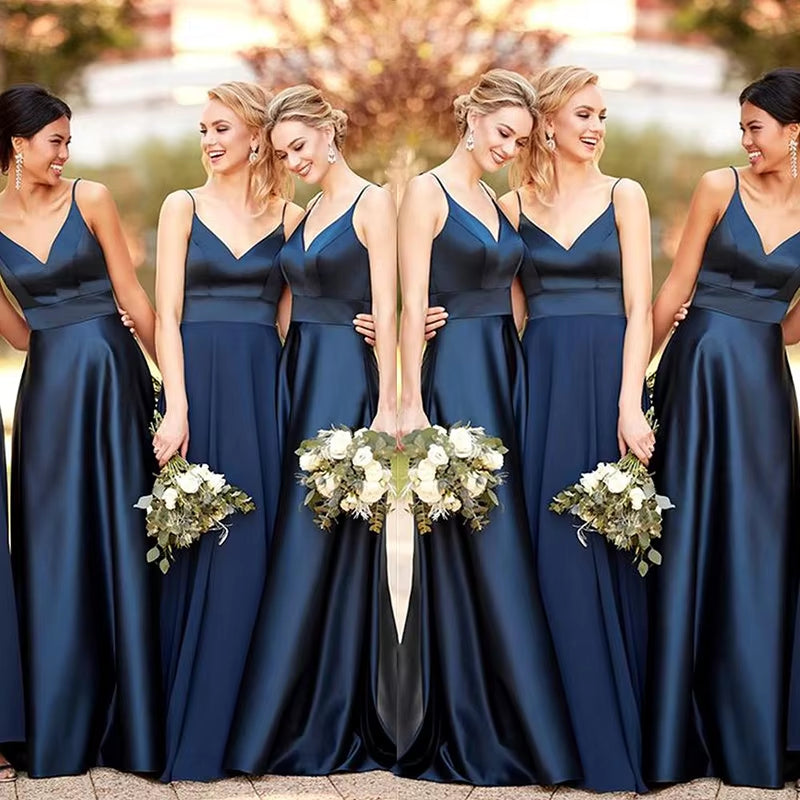 Buyishang Customized Navy blue Bridesmaid Dresses long A-Line Satin Spaghetti straps Wedding Party Dress For Bridesmaid dress for wedding